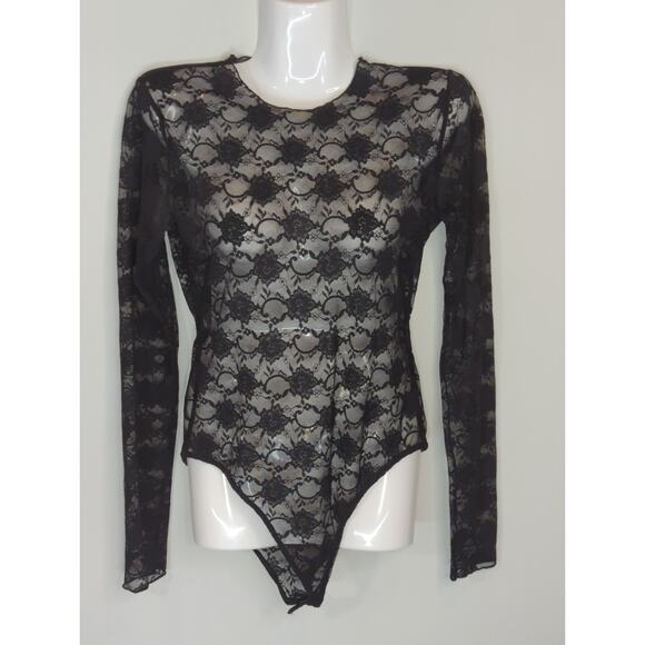 Zara Black Floral Sheer Lace Bodysuit Women's Small‎ Sultry Bodycon Whimsical - Picture 3 of 9